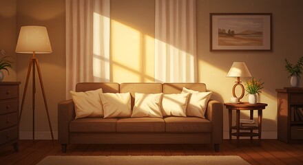 comfortable sofa, pillows, warm colors, digital illustration