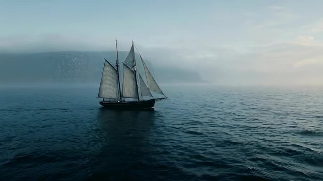Majestic sailboat gliding through misty ocean at dawn. Serene seascape with two-masted schooner. Nautical adventure and maritime exploration concept. Aerial view of calm waters.