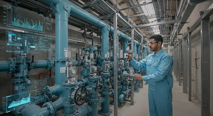 Industrial Technician Monitors Advanced Pipeline System with Futuristic Augmented Reality Interface