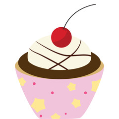 Vector cupcake with whipped cream and cherry on top. It is suitable for decorating birthday or celebration cards and also suitable for cake-related works.