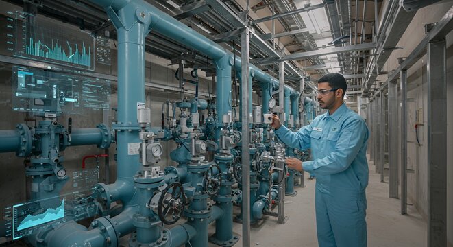 Industrial Technician Monitors Advanced Pipeline System with Futuristic Augmented Reality Interface