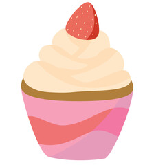 Vector cupcake with whipped cream and strawberry on top. It is suitable for decorating birthday or celebration cards and also suitable for cake-related works.