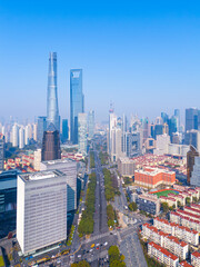 Aerial view of Shanghai skyscrapers and residential buildings in downtown.