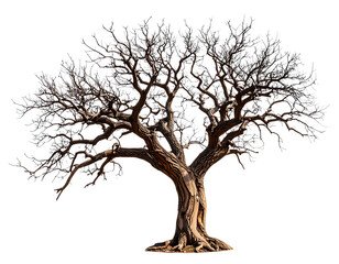 Dead Tree with Cracked Bark and Broken Limbs, Desert Concept, isolated on transparent background