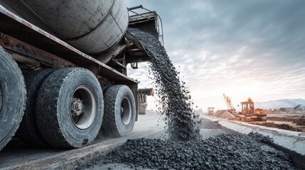 Stunning photo of truck pouring a concrete mix at road construction site.