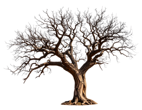 Dead Tree with Cracked Bark and Broken Limbs, Desert Concept, isolated on transparent background