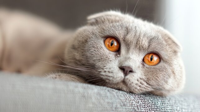 Scottish fold cat with orange eyes resting on grey sofa, close-up portrait - Serene feline elegance in soft natural light
