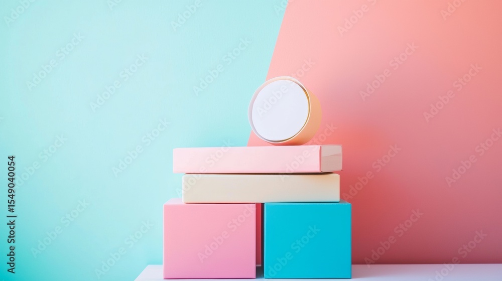 Poster pastel colored boxes and sphere stacked on surface with soft lighting for modern abstract design