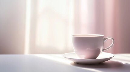 Obraz premium White coffee cup on saucer with pastel background and soft morning lighting for calm aesthetics