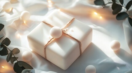 White gift box with ribbon and holiday lights on soft surface creating cozy festive mood setting