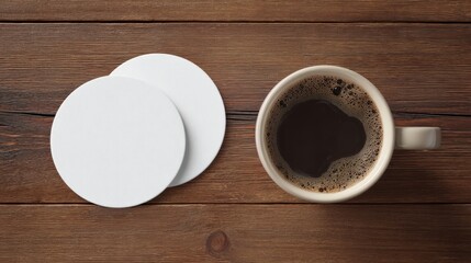 Stunning photo of two white coasters mockup for design presentation, top view on table with coffee cup.