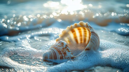 Seashell on beach with wave foam in soft light evoking peaceful coastal summer travel atmosphere