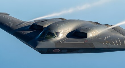 Stealth B-2 Flying Through Clear Blue Horizon Sky, US Military