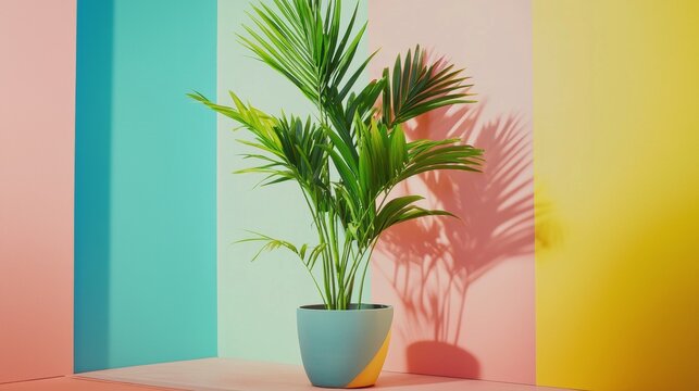Tropical potted plant with vibrant multicolor wall casting dramatic sunlight and abstract composition shadows