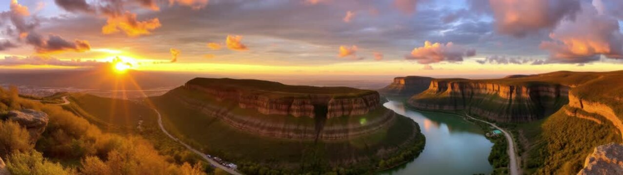 View of a river running through a canyon at sunset