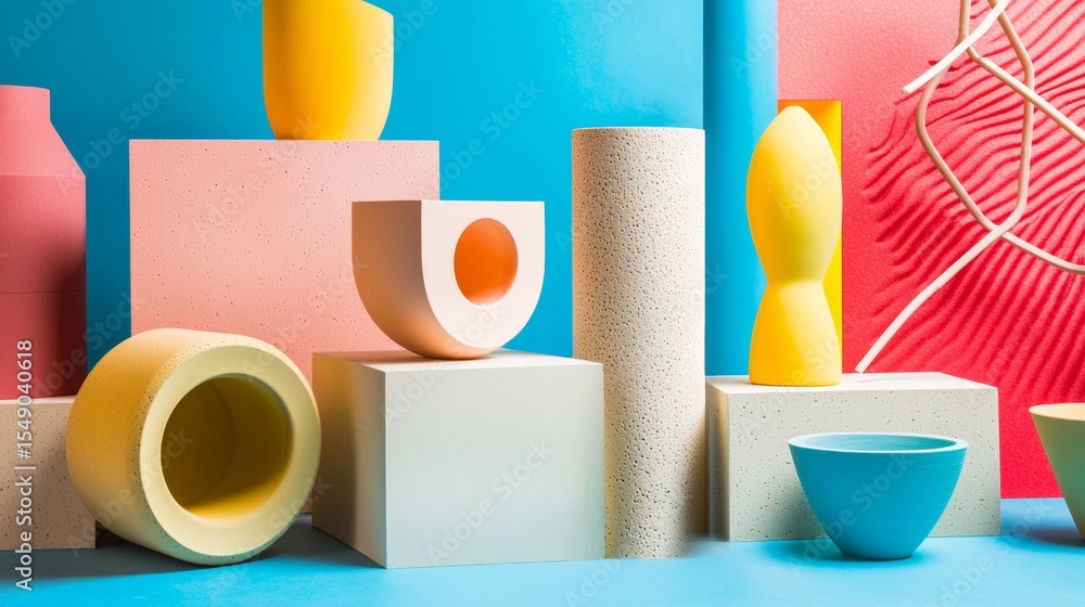 Poster colorful geometric 3d objects arranged in abstract art installation with vibrant playful visual desi