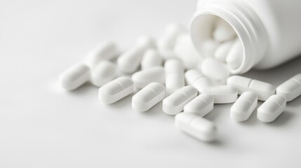White medical capsules spilling from bottle on clean background for pharmaceutical healthcare concept image