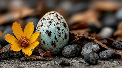 Obraz premium A yellow flower sits on top of a rocky pile next to an egg
