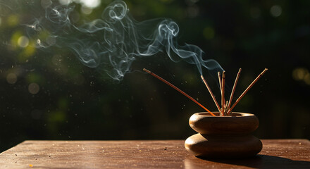 Incense sticks burning in a ceramic holder with smoke drifting upward  