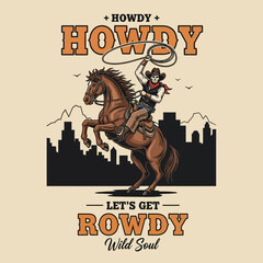 Howdy Partner! Wild West Cowboy Riding Horse Cityscape Illustration