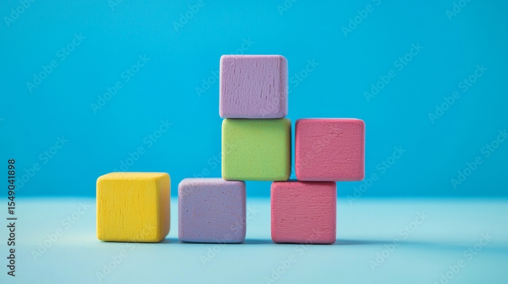 Poster stacked colorful cubes in front of blue background for fun minimal abstract geometric playful toy sh