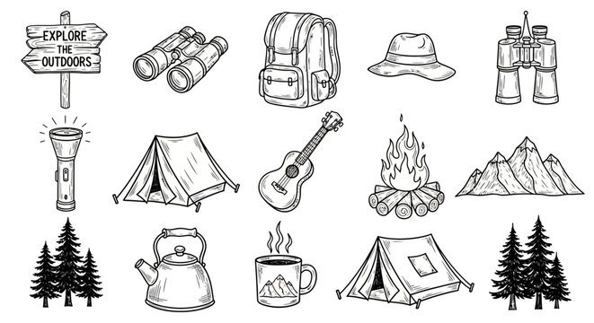 Camping and Hiking Adventure Hand-Drawn Illustrations of Essential Gear and Scenery