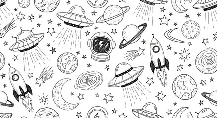 Hand-drawn Space Seamless Pattern UFOs, Rockets, Planets, Stars