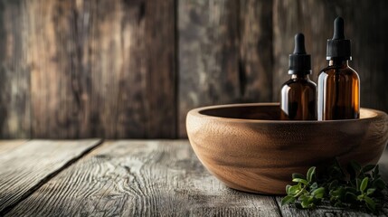 Amber glass bottles with wooden bowl on dark wood table for skincare spa herbal apothecary setting
