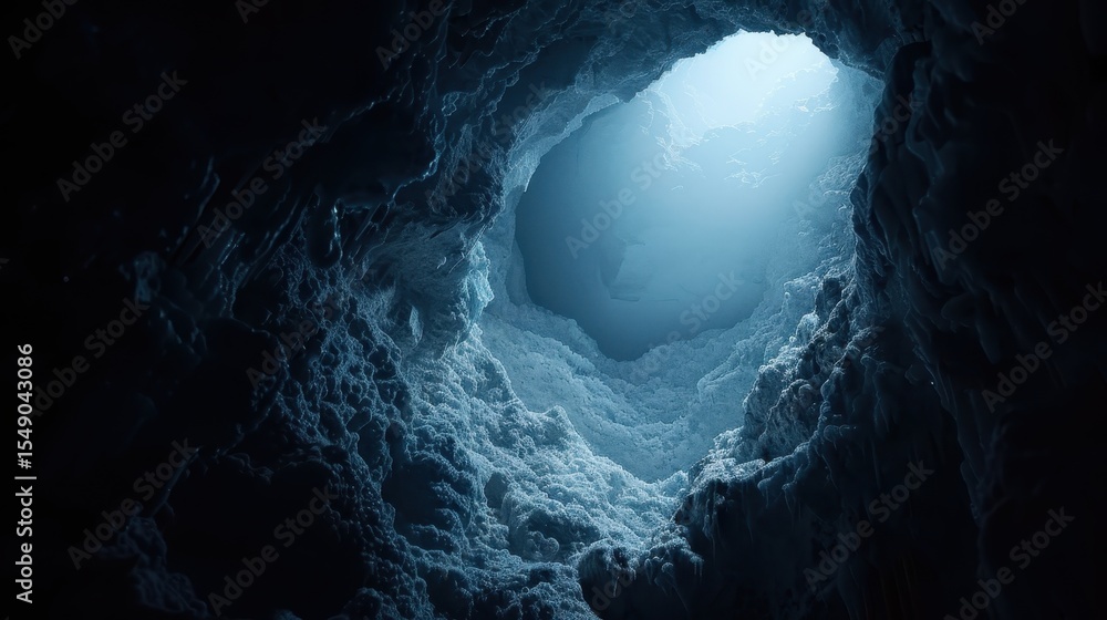 Poster a visually striking image of a frozen cave illuminated by a mysterious light from above, showcasing 