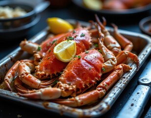 boiled crab legs on metal tray, served with butter and lemon, natural source of vitamin b12, rustic seafood style, close up food textures, moody lighting, gourmet shellfish focus