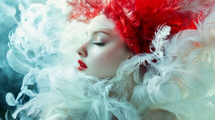 Fototapeta premium Fantasy woman with white and red hair surrounded by feathers and tulle in dreamy surreal portrait artwork
