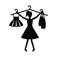Black silhouette art of a woman holding clothes on hangers representing fashion and shopping
