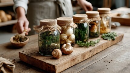 A rustic wooden table displays jars filled with fresh herbs and mushrooms, showcasing nature's bounty and the beauty of homemade preservation and culinary delight.