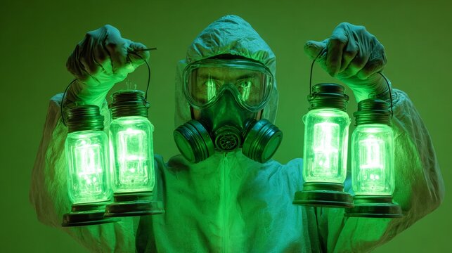 A man in a hazmat suit and gas mask holds glowing green uranium lamps, posing on a green background with an isolated setting.