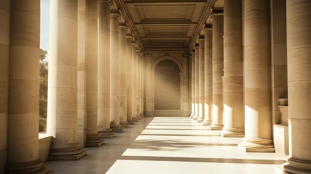 Sunlit Hallway with Columns Casting Shadows and Illuminating Architectural Interior Details
