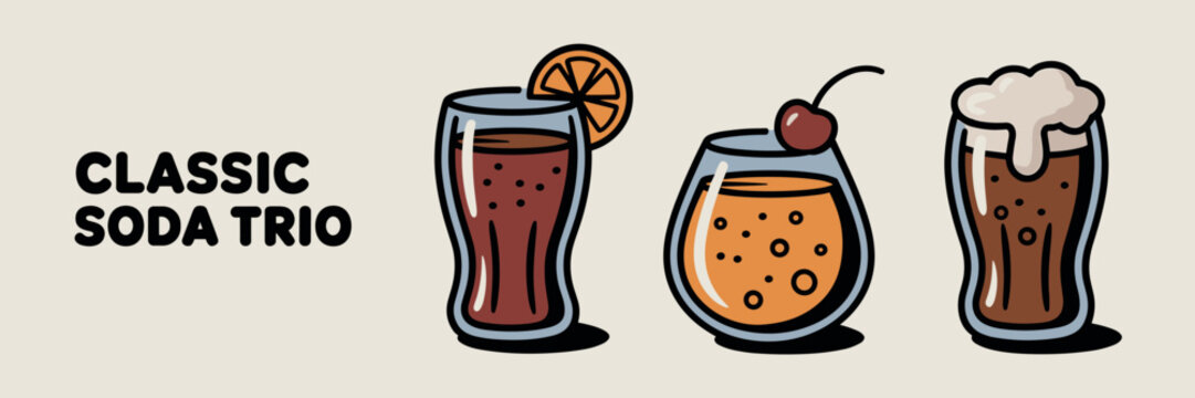 Retro-style soda icon trio featuring cola, orange soda, and root beer