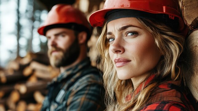 A close-up shot features two professional loggers wearing helmets and looking focused, showcasing the dedication and teamwork involved in the forestry industry in a natural setting. - Powered by Adobe