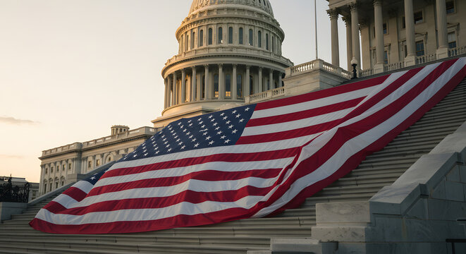 Wide shot of Capitol steps with massive American flag in celebration of Independence Day