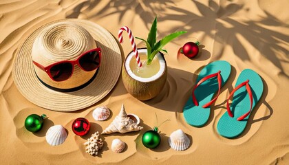 A beach postcard with a straw hat, sunglasses, a coconut drink with a straw, Christmas ornaments, and flip-flops on golden sand.