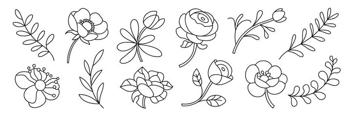 Black and white floral icon sheet with anemone, ranunculus, and eucalyptus