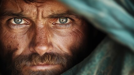 This close-up portrait features a weathered man's face with striking blue eyes, showcasing deep emotions and the experiences reflected in his expressions and gaze.