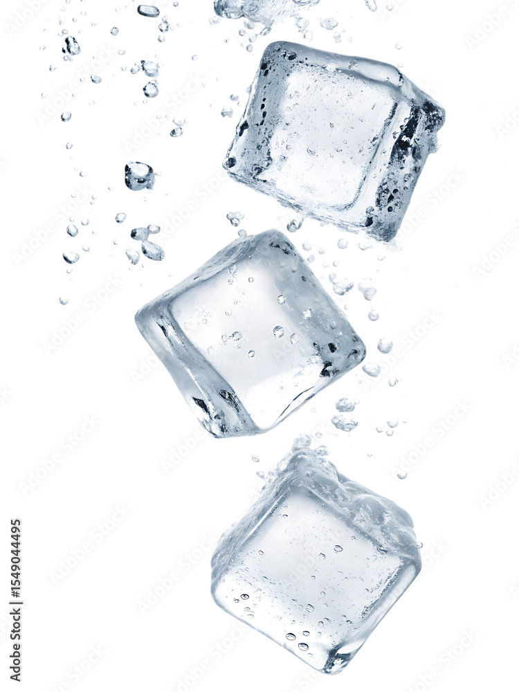 Aufkleber three ice cubes falling with bubbles on a black background perfect for refreshment and cooling conce