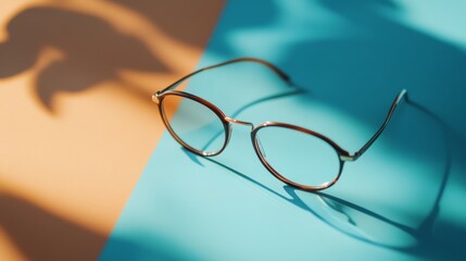 Retro eyeglasses casting artistic shadow on orange blue background for vintage vision design optical style concept
