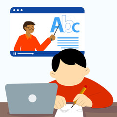 A boy is trying to write the alphabet on front of laptop as shown by the teacher in an online learning video on laptop screen. Online education concept.