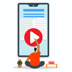A young man sitting on front of big smartphone and clicking on play button to playing e-book. Online education concept