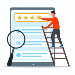A man climbing with stairs to giving star review on big icon of tablet. Customer satisfaction concept.
