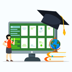 A academic student explaining task study lists on computer screen with big icon of graduation cap, books and globe. Online education concept. 