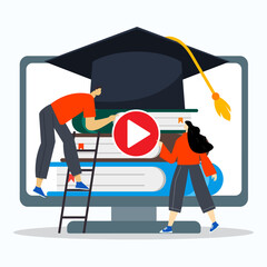 Group of students clicking play button to playing e-book on computer screen with big icon of graduation cap. Online education concept.