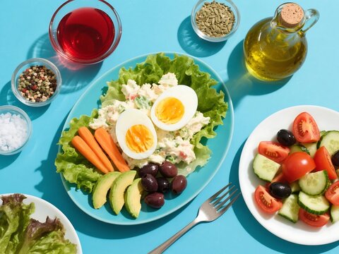 Egg salad platter for lunch made with two hard boiled eggs and mayo over a bed of romaine lettuce, baby carrots, avocado, Kalamata olives and tomato and cucumber