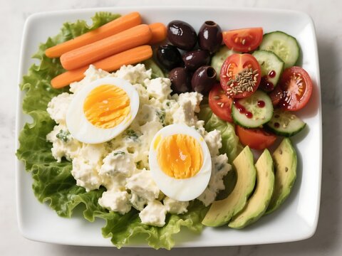 Egg salad platter for lunch made with two hard boiled eggs and mayo over a bed of romaine lettuce, baby carrots, avocado, Kalamata olives and tomato and cucumber